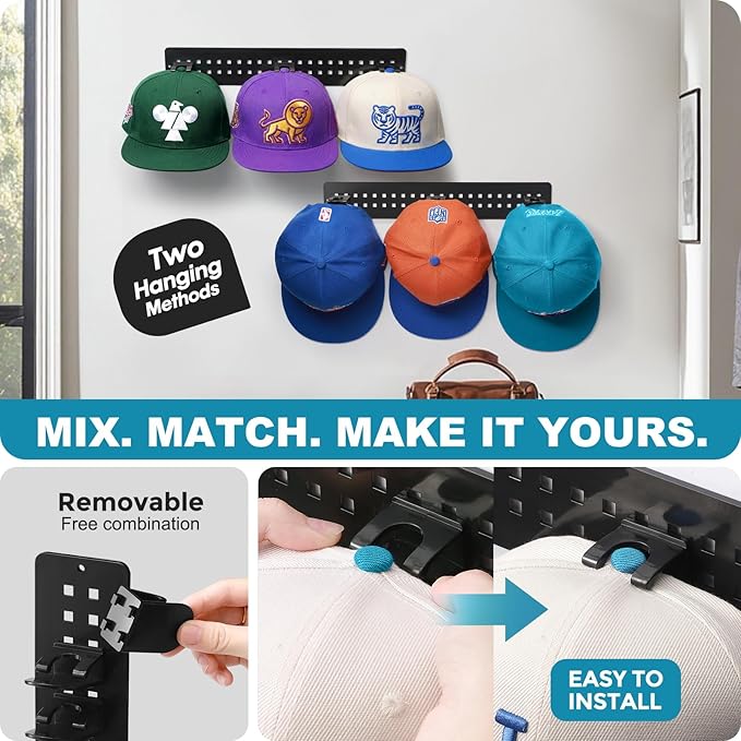 4 Pack Hat Organizer for Baseball Caps, Detachable DIY Hat Rack for Wall Hat Holder Hold up to 44 Hats, Baseball Cap Organize