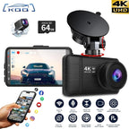 Dash Cam Front and Rear, 4K HD Dash Cam for Cars Built-in WiFi, Car Camera with Night Vision, 64GB Card, 170°Wide Angle, WDR, 3" IPS Screen, Loop Recording, G-Sensor, 24 H P Monitor (K26)