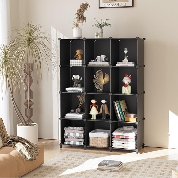 AWTATOS Cube Storage Organizer Closet Storage Shelves DIY Stackable Plastic Storage 12 Cube Bookshelf, Ideal Storage Organize