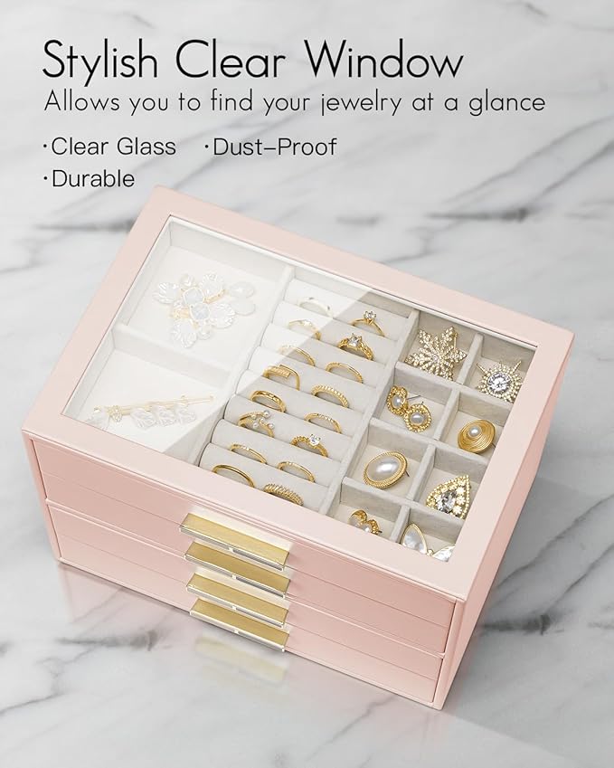 Vlando 4 Layer Jewelry Box for Women, Glass Lid Jewelry Organizer with 4 Drawers for Necklaces Rings Earrings Bracelets - Dar