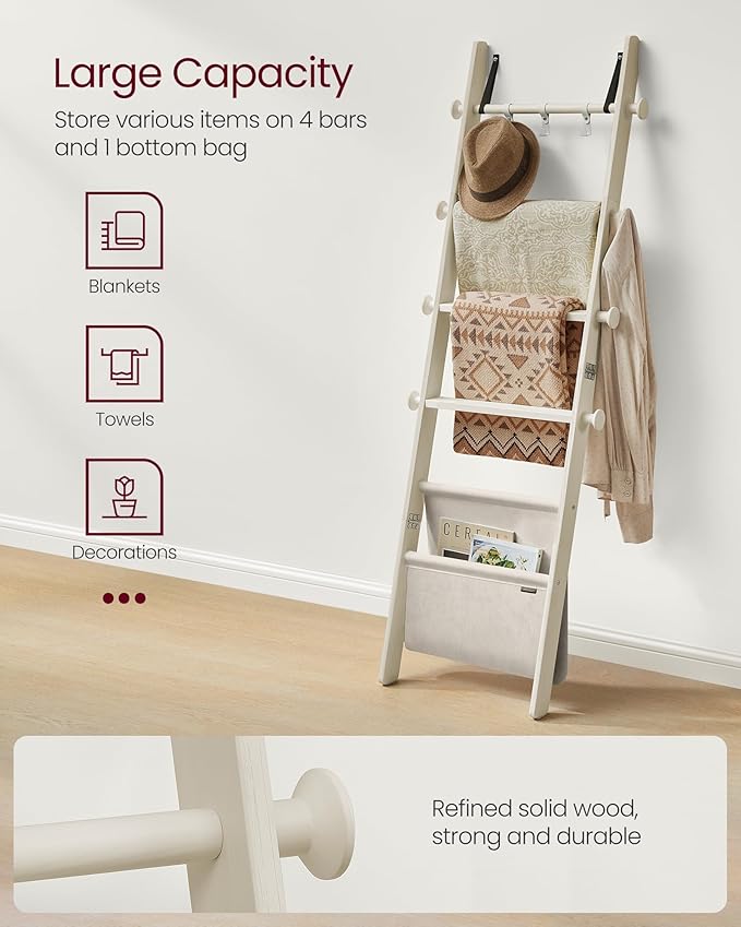 VASAGLE Blanket Ladder for Living Room, 5-Tier Wooden Ladder Shelf, Decorative Farmhouse Blanket Rack with Synthetic Leather 