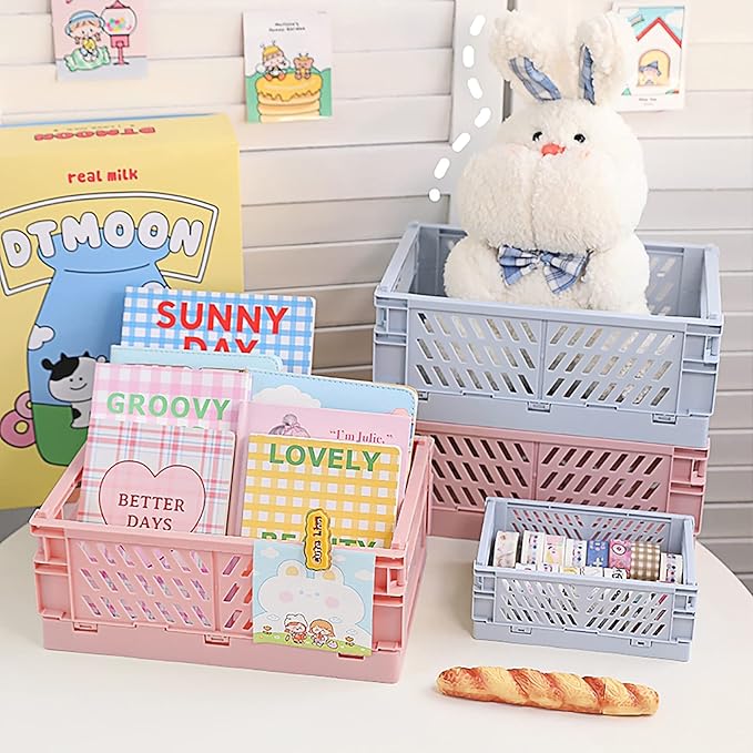 Plastic Baskets for Desk Organizing, Drawer Organizer, 2 Medium+2 Small Durable Folding Storage Crate for Home Kitchen Classr