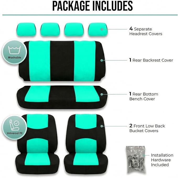FH Group Flat Cloth Full Set Car Seat Covers Three Row 7 Seater - Universal Fit for Cars, Trucks & SUVs Mint