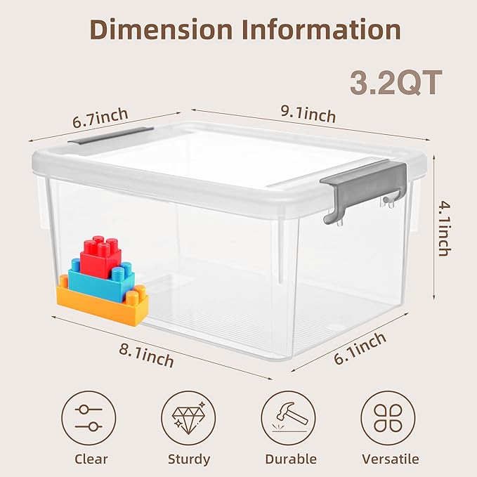 Anywish Small Storage Bins with Lids 3.2 QT- 8 Packs Plastic Storage Containers for Organizing Stackable Clear Storage Boxes,