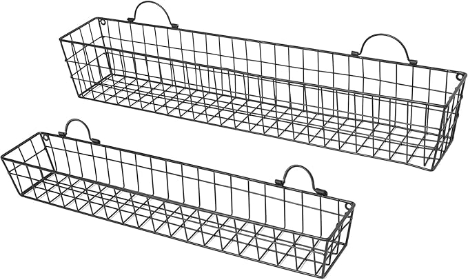 MyGift 2pcs 30-Inch Wire Baskets for Storage and Organization, Rustic Black Wall Mounted Metal Display Racks
