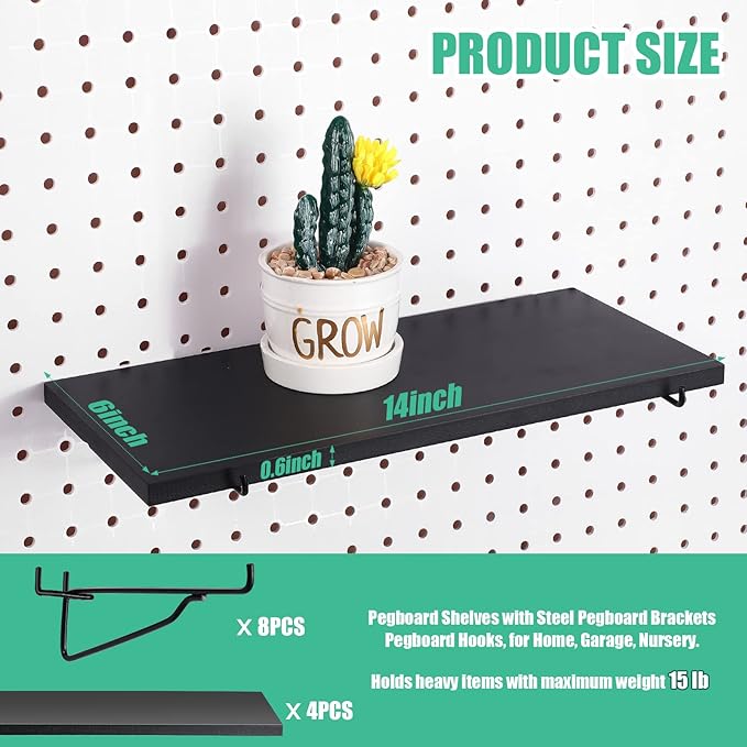 Blulu 4 Set Large Pegboard Shelf Kit Fiberboard peg Board Shelving Storage Brackets Stain Resistant Peg Board Organizer Shelv