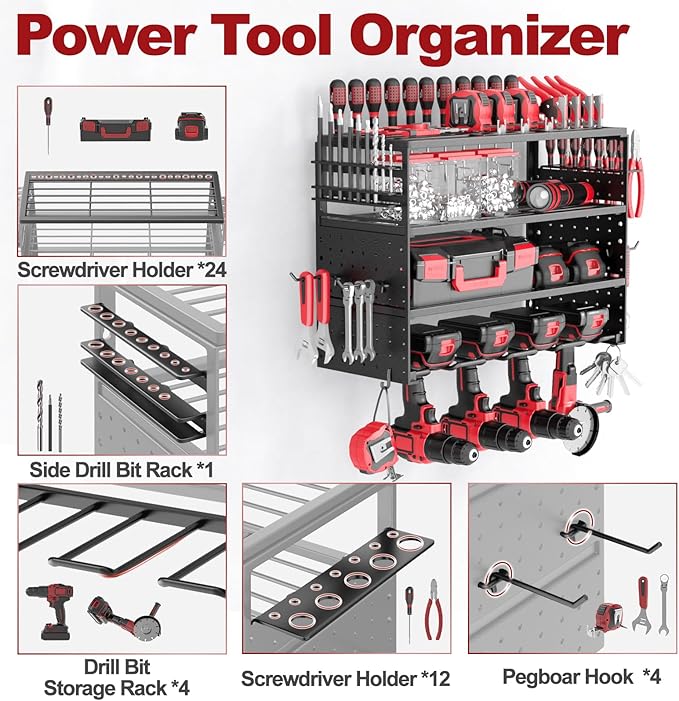 Power Tool Organizer Wall Mount - 4 Layer Metal Power Tool Storage Rack, Cordless Drill Holder with 4 Hooks, Utility Storage 