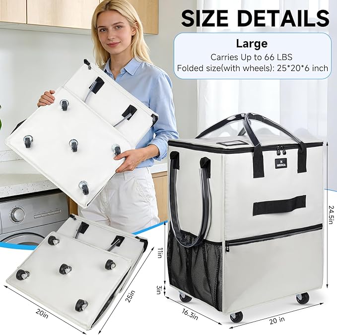 Large Reusable Grocery Bag On Wheels, 130L Foldable Rolling Tote with 5 Wheels, Multiple Pockets, Zippered Top & Heavy Duty Handle, Lightweight Shopping Cart for Groceries, Travel, Beige