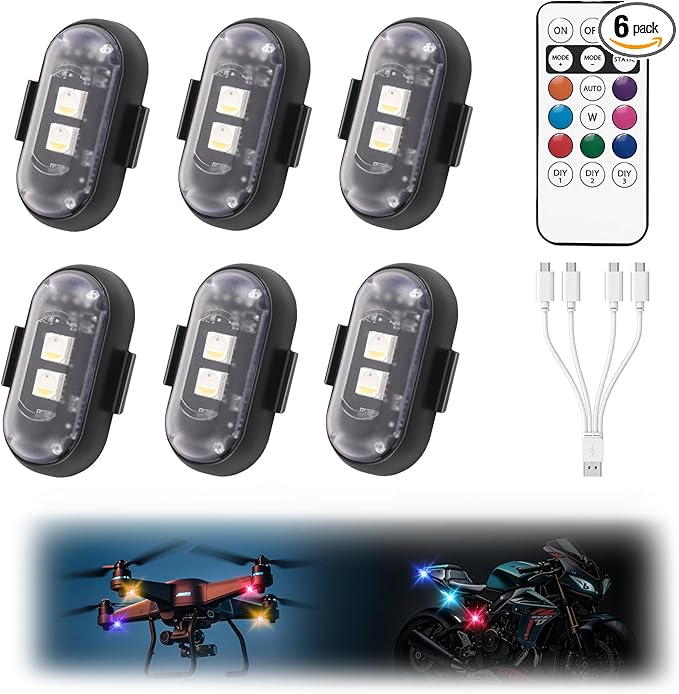 Wireless LED Strobe Light with Remote Control,8 Colors Waterproof Anti-Collision USB Charing Led Warning Lights,High Brightness Wireless LED Lights for Car Drone Truck Motorcycle Aircraft Bike (6)