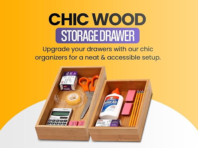 YBM HOME Bamboo Drawer Organizer Storage Box for Kitchen Drawer, Junk Drawer, Office, Bedroom, Children Room, Craft, Sewing, 