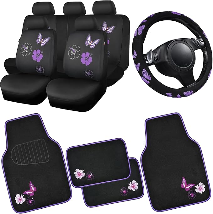 CAR PASS Universal Cloth Butterfly Car Seat Covers Full Set, Embroidered Flower Waterproof Car Floor Mats Carpet, Butterflies