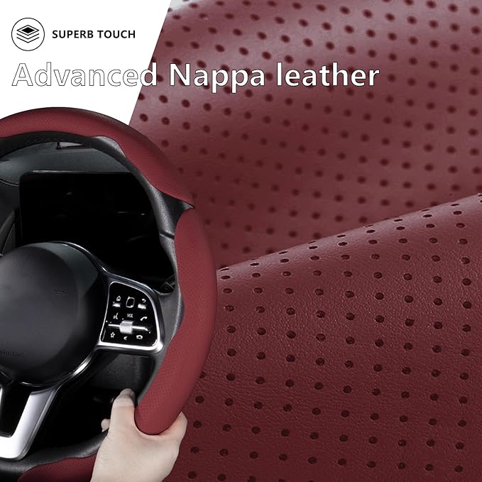 Car Steering Wheel Cover Leather Snap On 3Pcs Set Non-Slip Protector Wrap Steering Wheel Accessories 14.5-15 inch Universal W