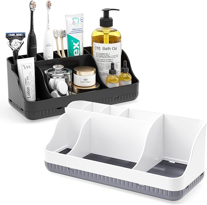Bathroom Counter Organizer and Storage, 7 Slots Detachable Toothbrush Holders for Bathrooms, Anti-Slip Electric Toothbrush an