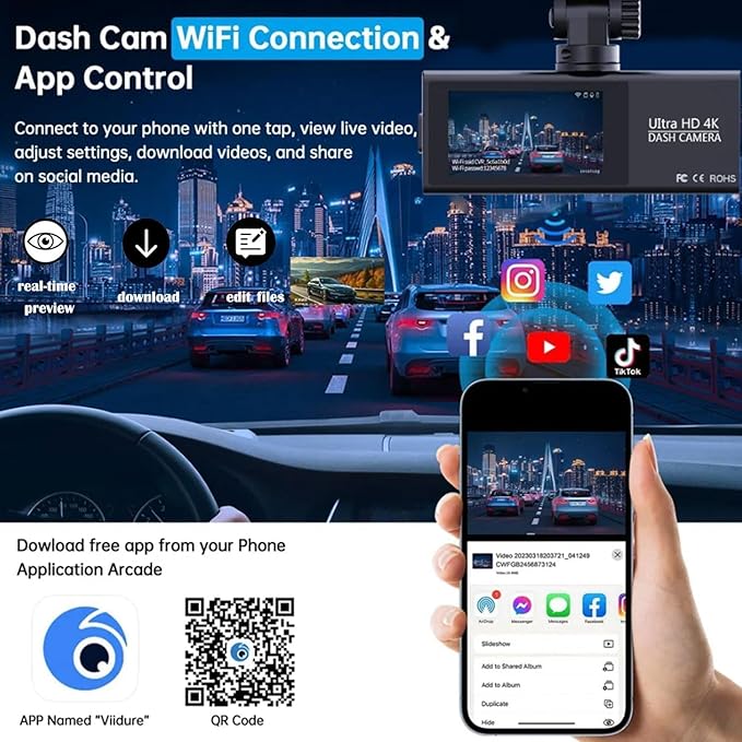 4K Dash Cam Front, WiFi Dash Camera for Cars, Mini Dashcam with Super Night Vision,1.97 Inch Screen, Loop Recording, G-Sensor