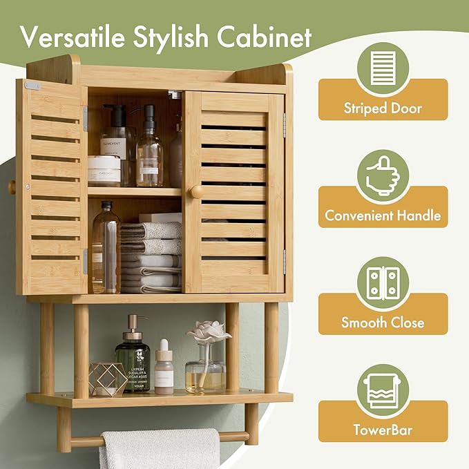 AmazerBath Bathroom Wall Cabinet, Bamboo Over The Toilet Storage Cabinet, Hanging Medicine Cabinets with Towel Bar, Wall Moun