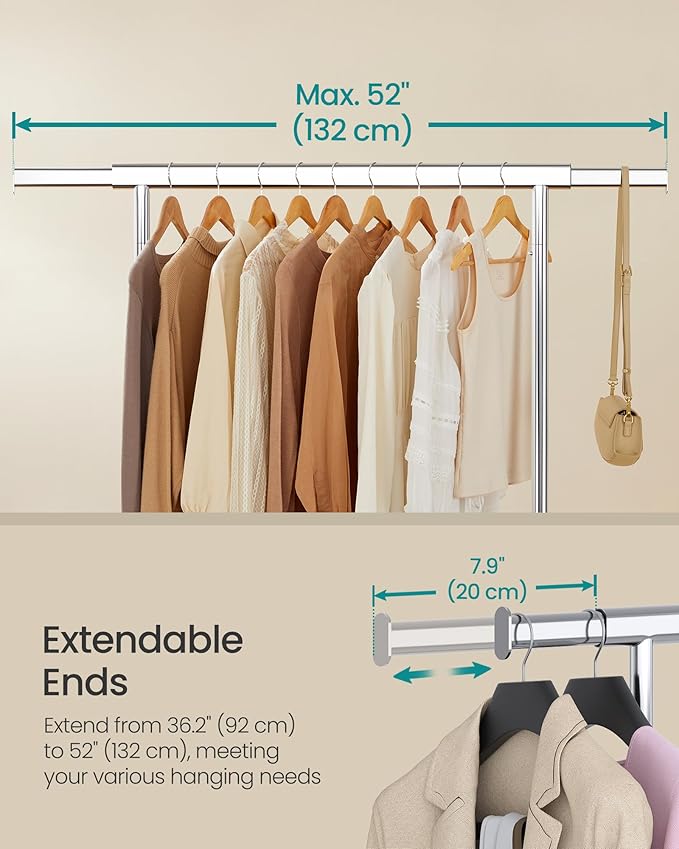 SONGMICS Clothes Rack with Wheels, Heavy-Duty Clothing Rack for Hanging Clothes, Portable, 17.7 x (36.2-52) x 63.6 Inches, wi