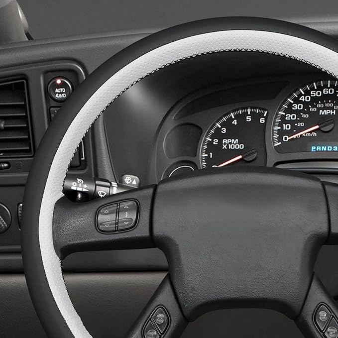 MEWANT Hand Stitched Steering Wheel Cover for Chevy Silverado 1500 2003-2006 Trailblazer White Black Faux Leather Wrap