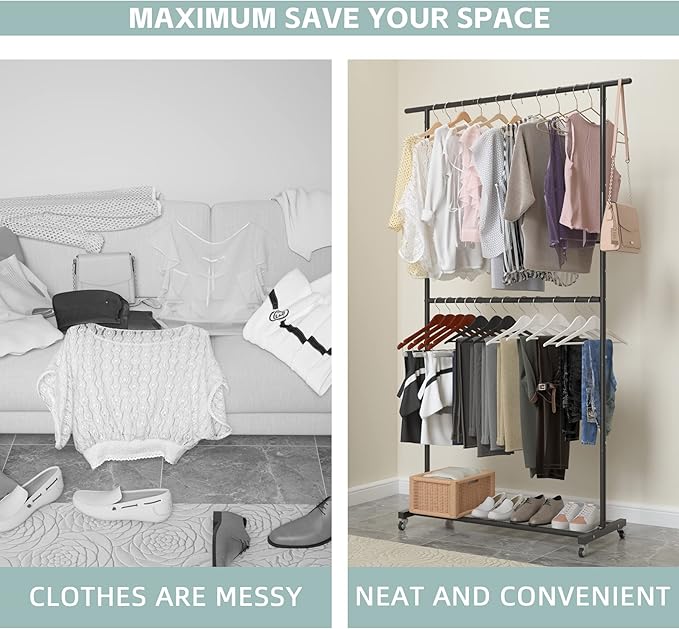 Sywhitta Double Rod Clothing Garment Rack, Rolling Clothes Organizer on Wheels for Hanging Clothes, Easy to Assemble, Adjusta