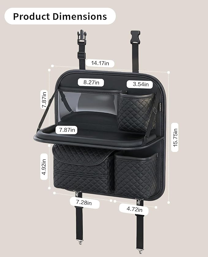 Leather Backseat Car Organizer with Foldable Table Tray & Cup Holder - Car Backseat Organizer for Kids, Women, Road Trip Essentials for SUVs, Trucks and Cars (Black)