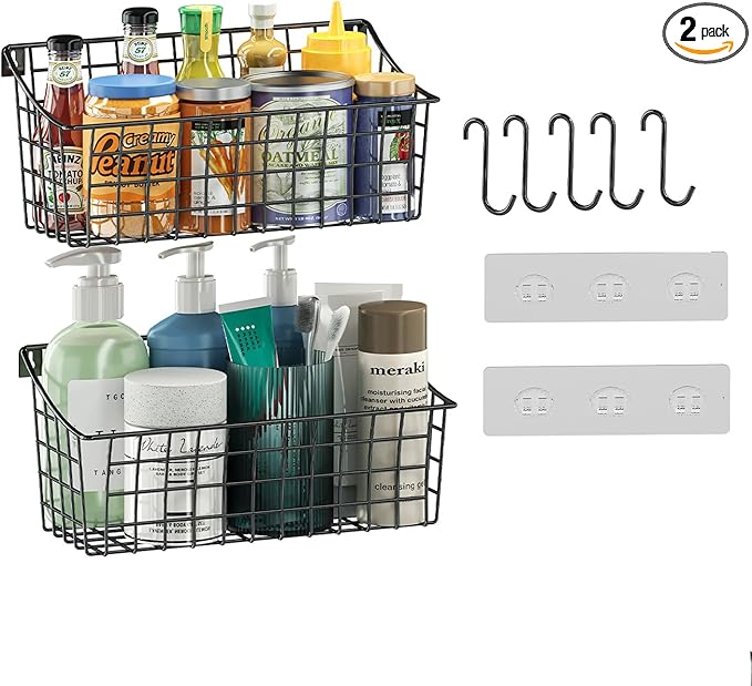 2 Pack Wall Hanging Baskets for Organizing, Large Metal Wire Basket with 5 Hooks+2 Strong Long Adhesive Hooks,Kitchen Hanging