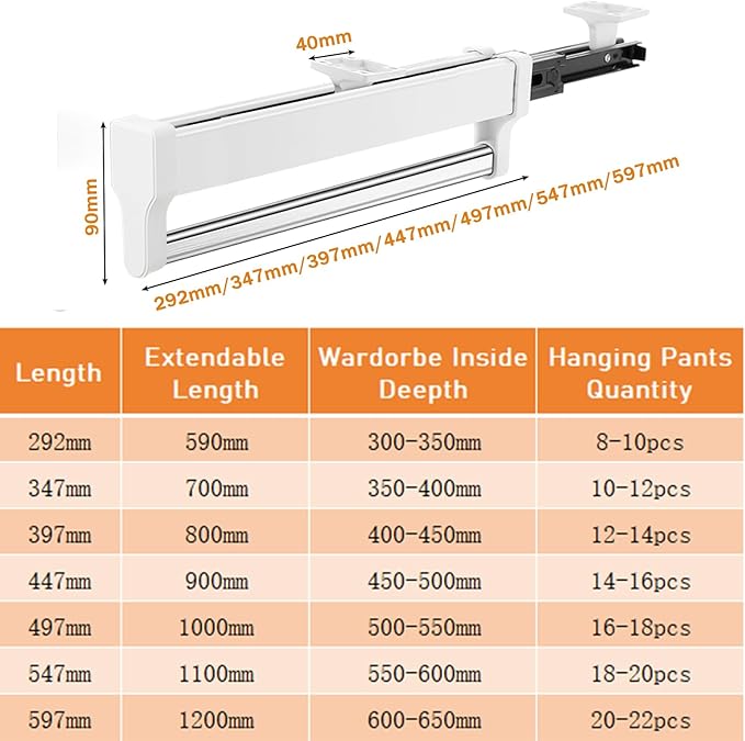 Pull Out Closet Valet Rod, Adjustable Sliding Heavy Duty Steel Top Mounted Clothes Storage Hanger Rail for Closet Wardrobe (4