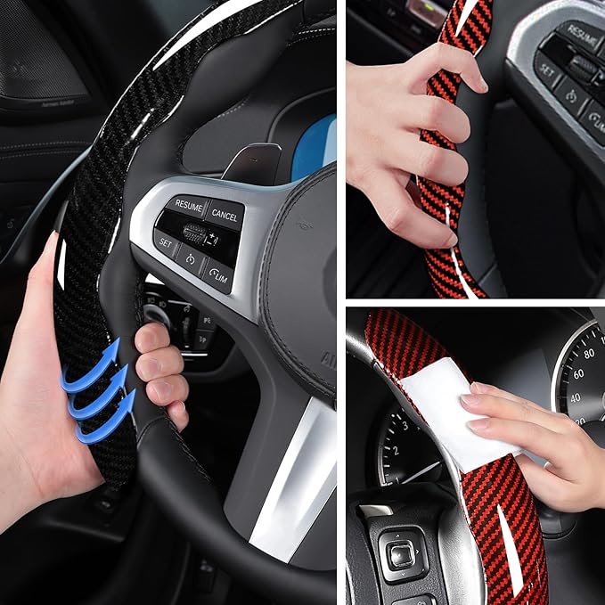 Car Steering Wheel Cover Set Bright Carbon Fiber Wrap Non-Slip 3pcs Steering Wheel Accessories 14.5-15 inch Universal (Black Red)