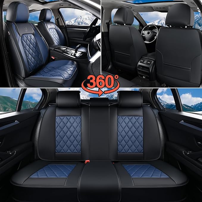 Coverado Leather Seat Covers, Car Seat Covers Full Set, Waterproof Faux Leather Black and Blue Seat Covers, Car Seat Protecto