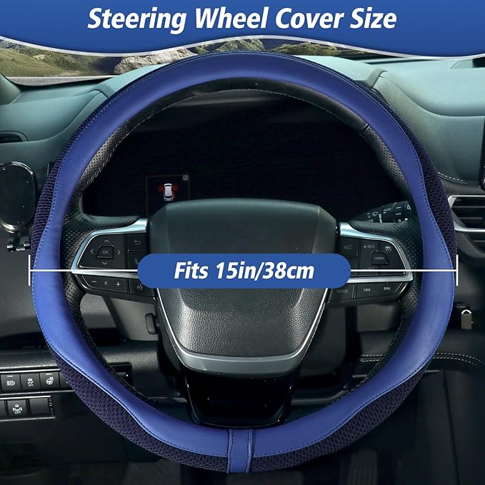 ZHOL Blue Steering Wheel Cover,Nappa Faux Leather with Comfort Grip,Non-Slip Breathable Universal Car Accessory for 15 Inch S