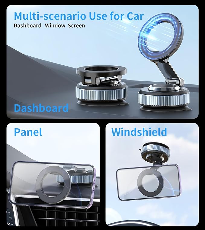 Vacuum Magnetic Car Phone Holder Stand,360° Adjustable Car Phone Mount for Magsafe with Suction Cup & Swivel Lock,Foldable Phone Holders for Your Car,Cell Phone Car Mount for iPhone & Android
