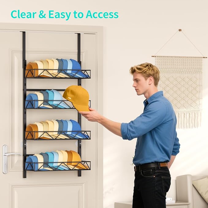 HapiRm Over the Door Hat Organizer - 4 Tier Wall Mounted Hat Rack with 4 Adjustable Metal Basket, Baseball Caps Organizer Sto