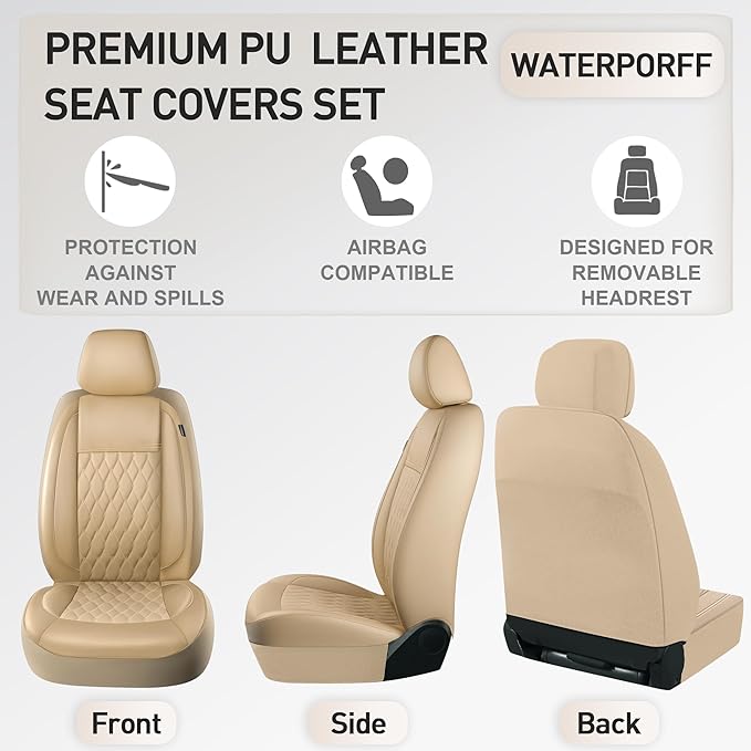 CAROMOP Faux Leather Car Seat Covers 2 Front Set,Luxury and Comfortable Seat Covers for Cars, Airbag Compatible Car Interior 