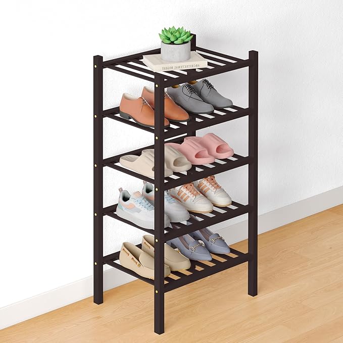 Smiry Bamboo Shoe Rack for Closet, 5 Tier Small Wooden Stackable Shoe Organizer, Free Standing Shoes Storage Shelf for Entryw
