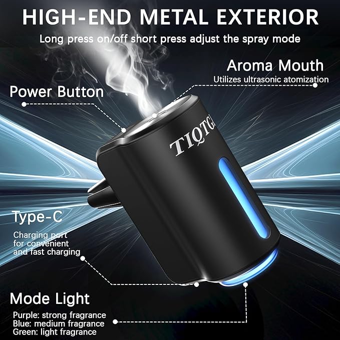 Smart Car Air Freshener, Car Air Freshener Diffuser with 3 Adjustable Light Modes, Rechargeable Aromatizante para Carro with 