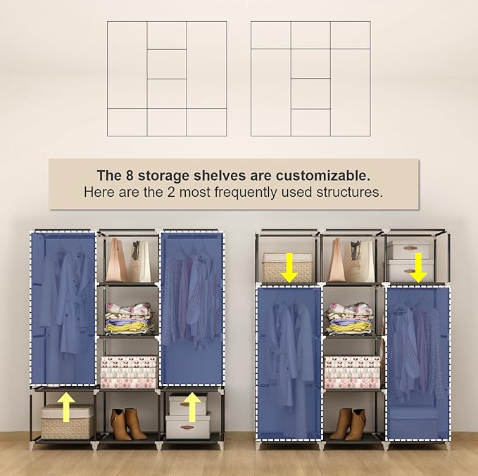 MOGELAFOO Portable Closet Wardrobe, 51-Inch Clothes Organizer with 2 Hanging Rods and 8 Shelves, Non-Woven Fabric Cover, Medi