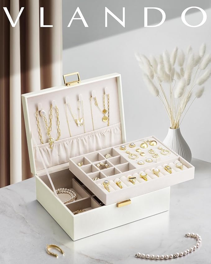 VLANDO Jewelry Box for Women, Gift for Women Girls,2 Layer Jewelry Box,Large Jewelry Organizer for Women Removable Jewelery T