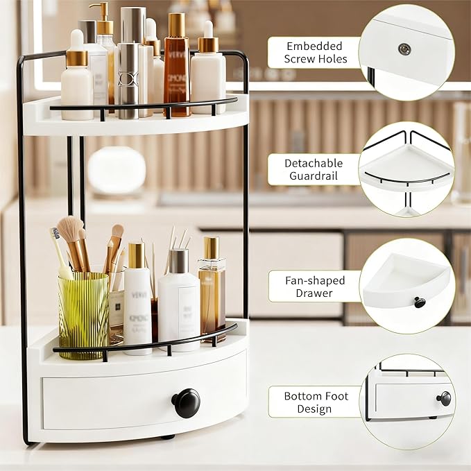 2-Tier Corner Bathroom Counter Organizer with Drawer & Embedded Screw Holes - Wooden Countertop Organizers for Skincare, Make