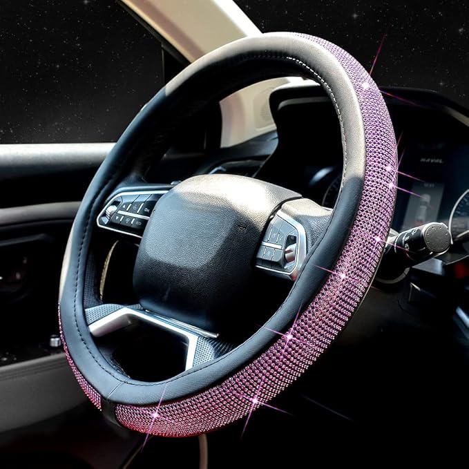 ChuLian New Diamond Leather Steering Wheel Cover with Bling Bling Crystal Rhinestones, Universal Fit 15 Inch Car Wheel Protec