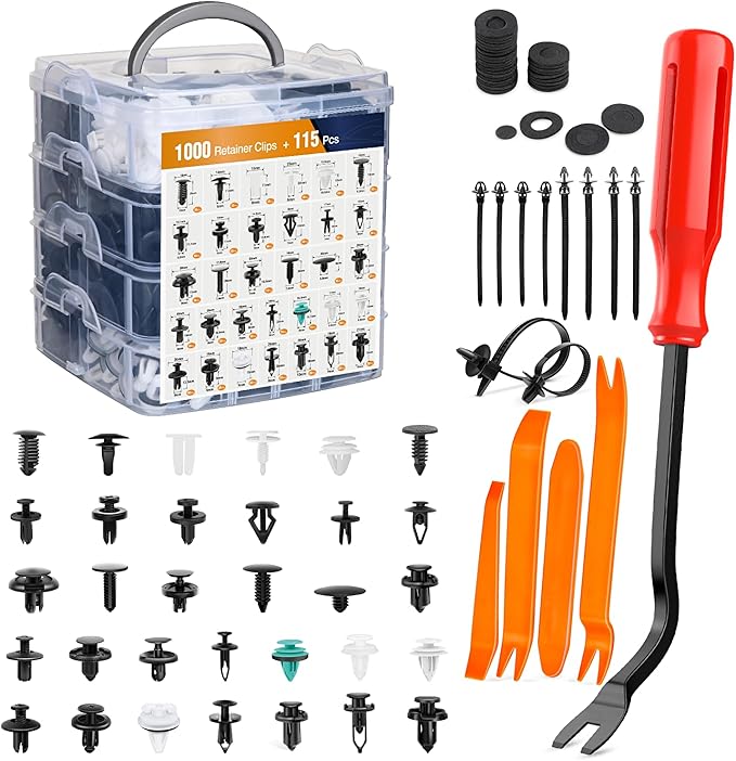 GOOACC 1115Pcs Car Push Retainer Clips & Auto Fasteners Assortment -32 Most Popular Sizes Nylon Bumper Fender Rivets with 10 