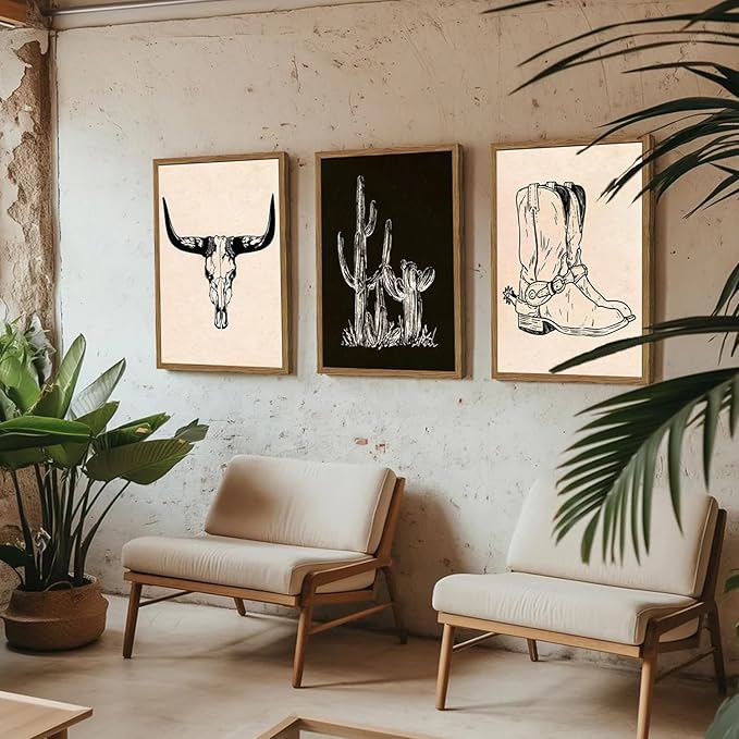 Vintage Western Wall Art Set of 3, Southwestern Cowboy Wall Decor Paintings, Black and White Longhorn Bull Skull Canvas Print