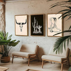 Vintage Western Wall Art Set of 3, Southwestern Cowboy Wall Decor Paintings, Black and White Longhorn Bull Skull Canvas Print