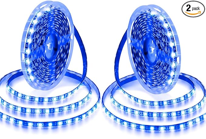 ALITOVE Blue LED Light Strip 32.8ft Waterproof IP65 10M 600 LEDs 60 LEDs/M 5050 SMD Black PCB DC 12V with Enhanced 3M VHB Foam Tape for Home Garden Decoration Lighting, 2X 16.4ft, No Power Supply
