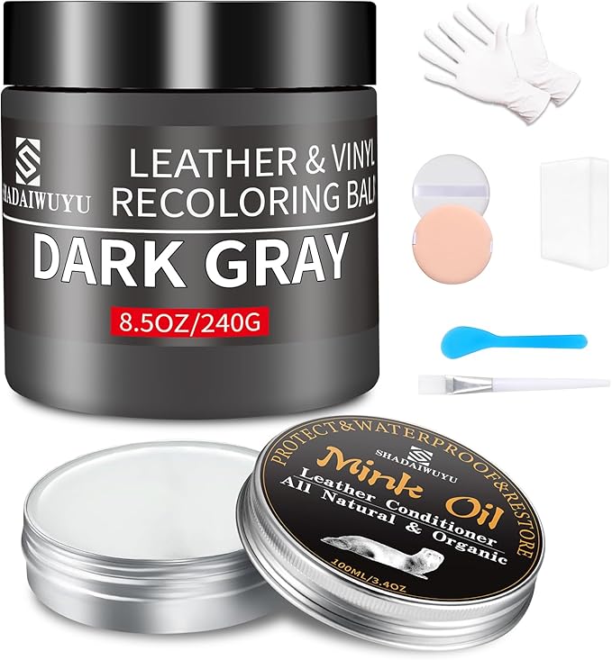 8.5oz Leather Recoloring Balm with 100ml Mink Oil,Dark Gray Leather Repair kit for Furniture and Car Interior,Leather Couch S