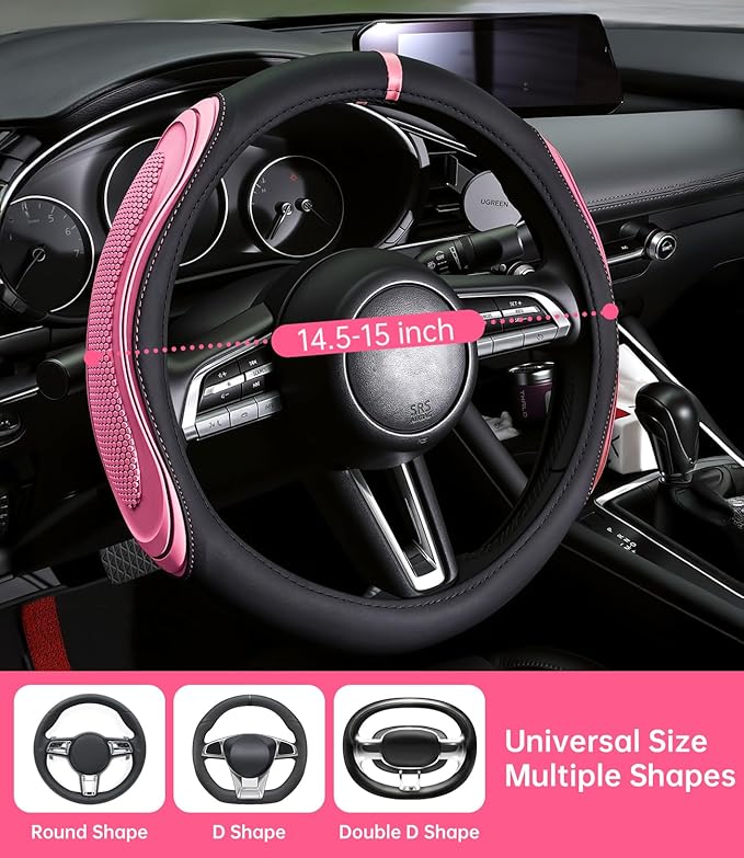 XCBYT Steering Wheel Cover - Pink Leather Steering Wheel Wrap Great Grip with 3D Honeycomb Quick and Effortless Installation 