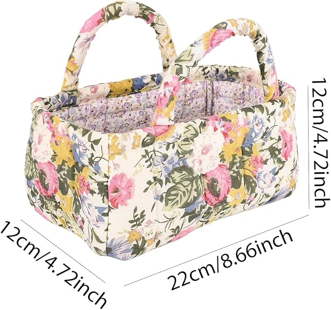 Small Storage Basket Organizer, Mini Fabric Floral Storage Baskets with Handle, Quilted Portable Collapsible Storage (C)