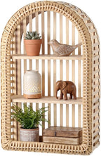 Pinkunn 20'' x 12'' 3 Tier Rattan Wall Shelf Boho Arch Hanging Shelves Arched Wall Mounted Wicker Shelf Decorative Farmhouse 