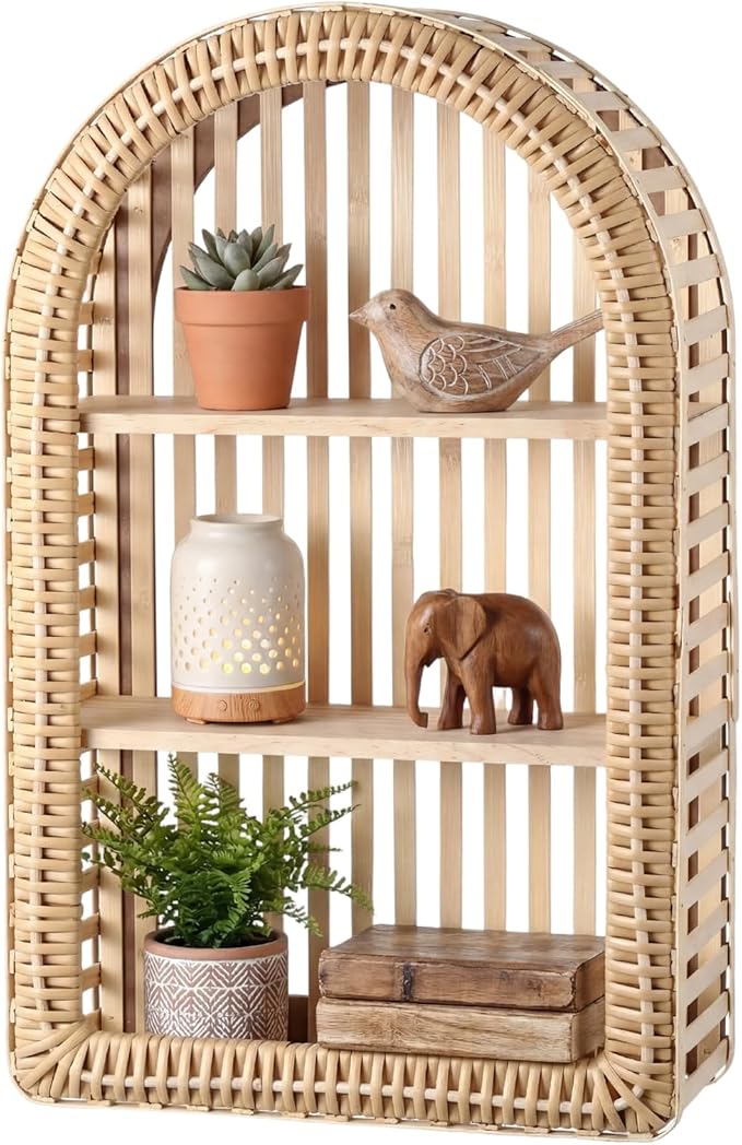 Pinkunn 20'' x 12'' 3 Tier Rattan Wall Shelf Boho Arch Hanging Shelves Arched Wall Mounted Wicker Shelf Decorative Farmhouse 