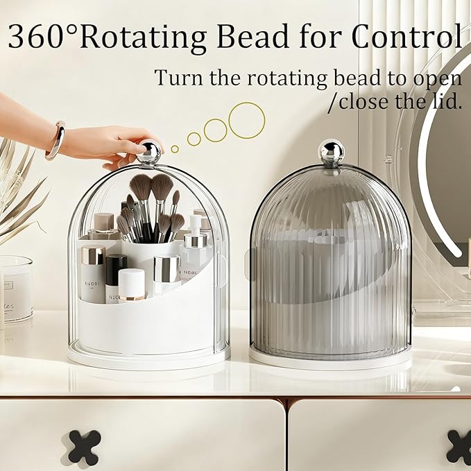 ONXE Makeup Brush Holder Organizer with Lid,360° Rotating Makeup Organizer Countertop,5 Compartments Make Up Brush Organizers