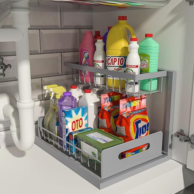 REALINN Under Sink Organizer, Pull Out Cabinet Organizer 2 Tier Slide Out Sink Shelf Cabinet Storage Shelves, Storage for Kit