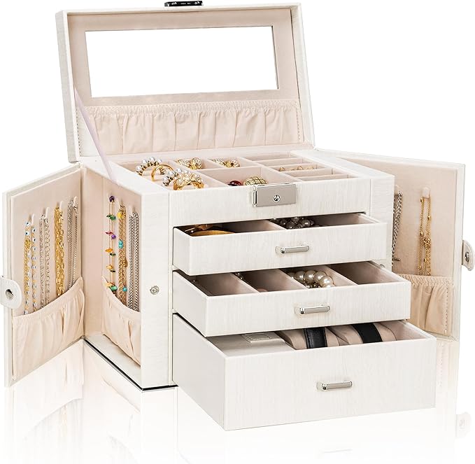 AKOZLIN 4-Tier Jewelry Box Lockable Leather Jewelry Storage Case Organizer with 3 Drawers for Women Girls Ring Necklace Earri