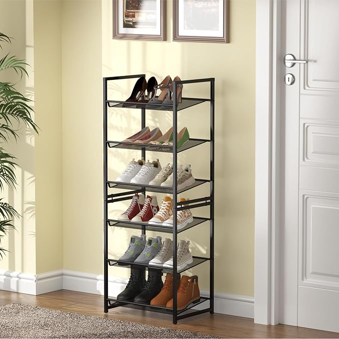 6 Tier Shoe Rack, Tall Metal Shoe Storage with Adjustable Shelves, Holds 12-14 Pairs, Stackable Shoe Stand for Garage Hallway